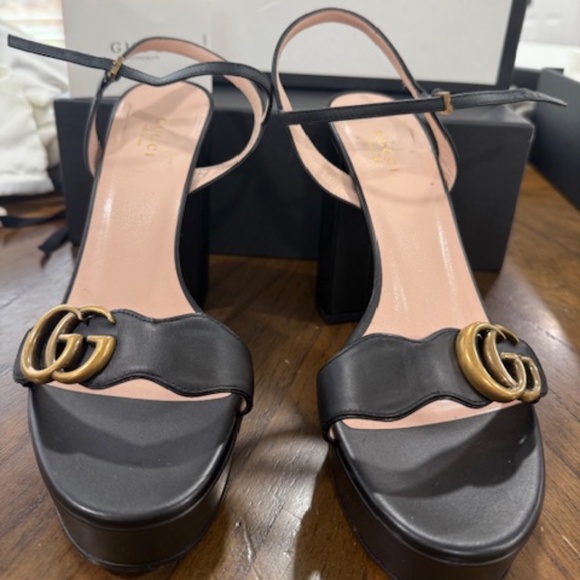 Gucci Marmont Black Platform Sandals Heels Leather GG Size EU 39 High Block Heel - Picture 2 of 6